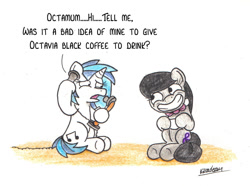 Size: 1024x763 | Tagged: safe, artist:bobthedalek, dj pon-3, octavia melody, vinyl scratch, earth pony, pony, unicorn, caffeine, coffee, creepy smile, cup, grin, hypertavia, telephone