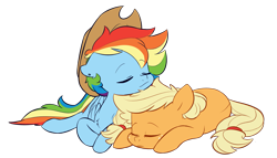 Size: 4393x2520 | Tagged: safe, artist:chub-wub, derpibooru import, applejack, rainbow dash, earth pony, pegasus, pony, accessory theft, appledash, applejack's hat, cowboy hat, cute, dashabetes, ear piercing, earring, eyes closed, female, hat, jackabetes, jewelry, lesbian, mare, piercing, shipping, simple background, sleeping, transparent background