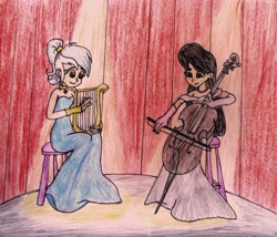 Size: 1024x877 | Tagged: safe, artist:twilight-changeling, lyra heartstrings, octavia melody, human, cello, humanized, light skin, lyre, musical instrument, performance, traditional art