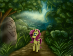 Size: 5000x3800 | Tagged: safe, artist:pony-stark, fluttershy, pegasus, pony, absurd resolution, crepuscular rays, forest, solo, statue