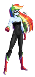 Size: 2043x4500 | Tagged: safe, artist:danmakuman, derpibooru import, rainbow dash, equestria girls, absurd resolution, adorasexy, bare shoulders, clothes, commission, cute, female, gloves, looking at you, sexy, sleeveless, smiling, solo, strapless, unitard