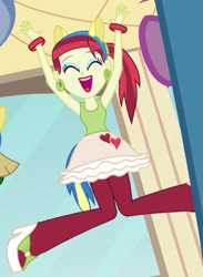 Size: 415x566 | Tagged: safe, screencap, pinkie pie, rose heart, sweet leaf, equestria girls, equestria girls (movie), cropped, eyes closed, heart, jumping, open mouth, pony ears, solo