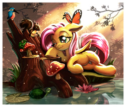 Size: 1200x1022 | Tagged: safe, artist:harwick, fluttershy, bird, butterfly, frog, pegasus, pony, squirrel, turtle, animal, female, floppy ears, fluttershy day, mare, mushroom, pond, reflection, resting, smiling, sunlight, tree stump
