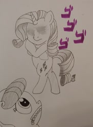 Size: 1910x2617 | Tagged: safe, artist:iffoundreturntorarity, rarity, suri polomare, pony, unicorn, atg 2019, jojo's bizarre adventure, menacing, monochrome, newbie artist training grounds, pencil drawing, torture dance, traditional art, vento aureo, ゴ ゴ ゴ