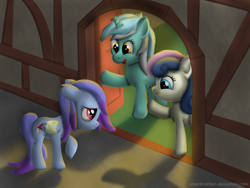 Size: 900x675 | Tagged: safe, artist:smockhobbes, bon bon, lyra heartstrings, sweetie drops, oc, door, griffin village, injured