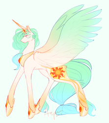 Size: 1280x1440 | Tagged: safe, artist:artistwave, princess celestia, alicorn, pony, alternate hair color, body markings, colored wings, crown, cutie mark, female, head feathers, large wings, mare, peytral, ponytail, redesign, regalia, simple background, solo, white background, wings