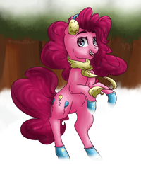 Size: 1600x2000 | Tagged: safe, artist:pastellanotes, pinkie pie, pony, bipedal, clothes, earmuffs, scarf, snow, solo