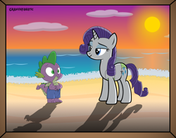 Size: 3798x2976 | Tagged: safe, artist:gradiusfanatic, rarity, spike, dragon, pony, unicorn, bikini, clothes, female, male, mare, shipping, sparity, straight, swimming trunks, swimsuit, we don't normally wear clothes