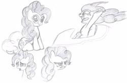 Size: 3282x2146 | Tagged: safe, artist:rmsaun98722, pinkie pie, earth pony, pony, angry, artifact, grayscale, gritted teeth, monochrome, roller coaster, sad, sketch, sketch dump, smiling, solo, tongue out, traditional art