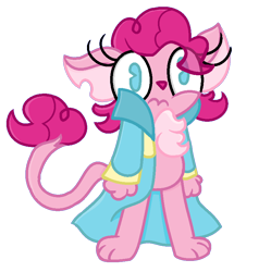 Size: 807x809 | Tagged: safe, artist:thefanficfanpony, pinkie pie, abyssinian, anthro, cat, abyssinianized, bipedal, blue eyes, chest fluff, clothes, coat, colored lineart, cute, eyelashes, female, large eyes, leonine tail, no pupils, paws, pink fur, pink hair, pink tail, simple background, solo, species swap, standing, transparent background, wavy mouth