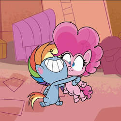 Size: 1080x1080 | Tagged: safe, derpibooru import, screencap, pinkie pie, rainbow dash, earth pony, pegasus, pony, my little pony: pony life, the fluttershy effect, spoiler:pony life s01e10, cropped, female, hug, mare