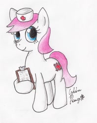 Size: 1631x2069 | Tagged: safe, artist:goldenpansy, nurse redheart, pony, clipboard, female, mare, solo, traditional art