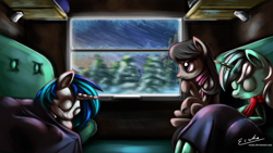 Size: 2000x1125 | Tagged: safe, artist:esuka, dj pon-3, lyra heartstrings, octavia melody, vinyl scratch, earth pony, pony, unicorn, blanket, clothes, eyes closed, female, hooves, horn, lying down, mare, night, scarf, sitting, sleeping, stars, train, train cabin, tree, trio, window, winter