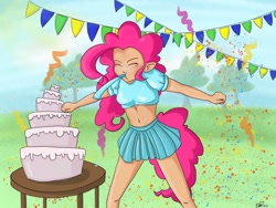 Size: 1024x768 | Tagged: safe, artist:yukikosegawa, pinkie pie, human, belly button, clothes, eyes closed, humanized, midriff, party, pleated skirt, short shirt, skirt, solo, tailed humanization