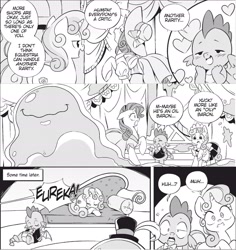 Size: 1820x1932 | Tagged: safe, seven seas, rarity, smooze, spike, sweetie belle, dragon, pony, unicorn, my little pony: the manga, my little pony: the manga volume 1, spoiler:manga, spoiler:manga1, blushing, bowtie, carousel boutique, clothes, comic, cute, female, filly, heart, maid, male, mare, monochrome, official content, outfit, sleeping, spikabetes, wide eyes, winged spike