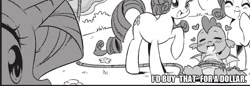 Size: 1207x414 | Tagged: safe, edit, seven seas, rarity, spike, dragon, pony, unicorn, my little pony: the manga, my little pony: the manga volume 1, spoiler:manga, spoiler:manga1, blushing, caption, eyes closed, female, heart, image macro, male, manga, mare, monochrome, movie reference, robocop, rope, text, tied up, winged spike