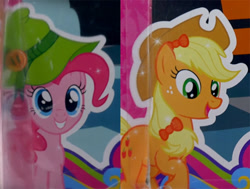 Size: 660x500 | Tagged: safe, applejack, pinkie pie, earth pony, pony, bow, cute, hair bow, hat, smiling