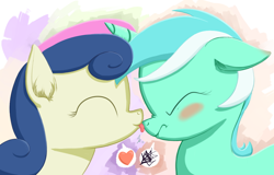 Size: 1280x820 | Tagged: safe, artist:a6p, bon bon, lyra heartstrings, sweetie drops, blushing, female, heart, lesbian, licking, lyrabon, scrunchy face, shipping, tongue out