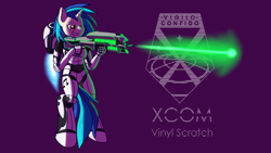 Size: 3556x2000 | Tagged: safe, artist:scramjet747, dj pon-3, vinyl scratch, anthro, crossover, gun, solo, x-com, xcom: enemy unknown