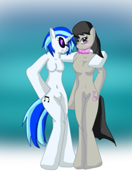 Size: 645x840 | Tagged: safe, artist:blurryhooves-corner, dj pon-3, octavia melody, vinyl scratch, human, bodysuit, clothes, costume, encasement, human to pony, latex, living suit, rubber, transformation