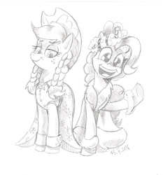 Size: 924x992 | Tagged: safe, artist:saturdaymorningproj, applejack, pinkie pie, spirit of hearth's warming past, earth pony, pony, a hearth's warming tail, duo, female, grayscale, lineart, mare, monochrome, open mouth, raised hoof, simple background, smiling, spirit of hearth's warming presents, traditional art
