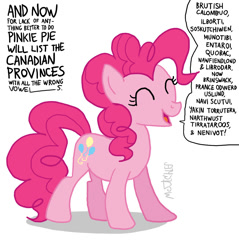 Size: 1034x1080 | Tagged: safe, artist:kturtle, pinkie pie, earth pony, pony, canada, cute, eyes closed, female, mare, open mouth, simple background, smiling, solo, speech bubble, white background