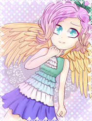 Size: 3604x4759 | Tagged: dead source, safe, artist:quintchess, fluttershy, human, absurd resolution, clothes, colored pupils, dress, female, humanized, looking at you, no more ponies at source, solo, winged humanization, wings