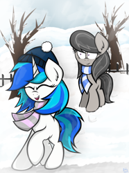 Size: 1118x1503 | Tagged: safe, artist:kristysk, dj pon-3, octavia melody, vinyl scratch, earth pony, pony, clothes, hat, scarf, snow