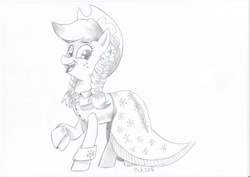 Size: 3507x2480 | Tagged: safe, artist:saturdaymorningproj, applejack, spirit of hearth's warming past, earth pony, pony, a hearth's warming tail, clothes, female, grayscale, mare, monochrome, open mouth, raised hoof, simple background, smiling, solo, traditional art