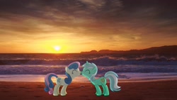 Size: 1920x1080 | Tagged: safe, artist:mr-kennedy92, bon bon, lyra heartstrings, sweetie drops, beach, boop, female, happy, irl, lesbian, lyrabon, noseboop, nuzzling, ocean, photo, ponies in real life, shipping, sun, sunset, vector, water, wave