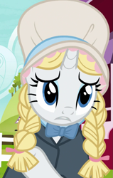 Size: 685x1080 | Tagged: safe, screencap, rarity, pony, unicorn, it isn't the mane thing about you, alternate hairstyle, bonnet, clothes, costume, cropped, milk maid, solo