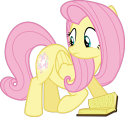 Size: 6825x6400 | Tagged: safe, artist:parclytaxel, fluttershy, pegasus, pony, the hooffields and mccolts, .svg available, absurd resolution, book, booty call, female, glowing cutie mark, looking back, mare, simple background, solo, surprised, transparent background, vector