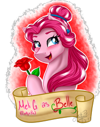 Size: 1500x1900 | Tagged: safe, artist:jack-pie, pinkie pie, earth pony, pony, alternate hairstyle, banner, beautiful, beauty and the beast, belle, blushing, crossover, disney, exploitable meme, flower, hoof hold, looking back, melissa gedeón, meme, open mouth, rose, same voice actor, solo, voice actor joke