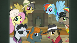 Size: 1920x1080 | Tagged: safe, derpibooru import, screencap, biff, daring do, doctor caballeron, fluttershy, rainbow dash, rogue (character), withers, pegasus, pony, daring doubt, cute, cutealleron, daring dorable, dashabetes, henchmen, shyabetes