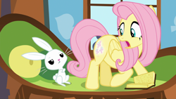 Size: 1920x1080 | Tagged: safe, screencap, angel bunny, fluttershy, pegasus, pony, the hooffields and mccolts, book, booty call, glowing cutie mark, looking back, open mouth, sofa, unamused, window