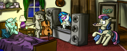 Size: 2500x1000 | Tagged: safe, artist:m_d_quill, bon bon, dj pon-3, lyra heartstrings, octavia melody, sweetie drops, vinyl scratch, earth pony, pony, bed, bedroom, bipedal, cello, door, lamp, mouth hold, musical instrument, sick, speakers, table, turntable