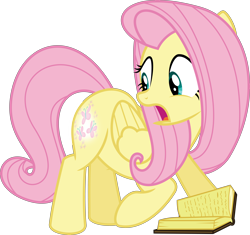 Size: 6808x6400 | Tagged: safe, artist:parclytaxel, fluttershy, pegasus, pony, the hooffields and mccolts, .svg available, absurd resolution, book, booty call, female, glowing cutie mark, looking back, mare, open mouth, simple background, solo, surprised, transparent background, vector