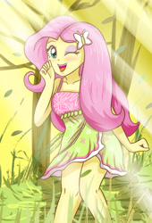 Size: 2362x3472 | Tagged: safe, artist:sumin6301, fluttershy, equestria girls, clothes, cute, dress, female, looking at you, one eye closed, open mouth, scenery, shyabetes, solo, wink