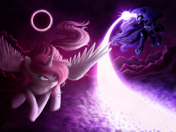 Size: 1024x768 | Tagged: safe, artist:novaintellus, nightmare moon, princess celestia, alicorn, pony, atg 2018, blast, eclipse, female, fight, flying, magic, magic blast, mare, newbie artist training grounds, sisters