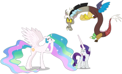 Size: 3955x2416 | Tagged: safe, artist:dashiesparkle, artist:hendro107, artist:parclytaxel, edit, edited edit, editor:slayerbvc, discord, princess celestia, rarity, alicorn, draconequus, pony, unicorn, celestial advice, dungeons and discords, the gift of the maud pie, accessory-less edit, barehoof, body part swap, discord being discord, faic, female, horn, looking down, male, mare, missing accessory, partial body swap, raised hoof, shocked, simple background, spread wings, surprised, swap, transparent background, vector, vector edit, wide eyes, wings