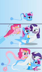 Size: 4096x6976 | Tagged: safe, artist:parclytaxel, pinkie pie, rarity, oc, oc:parcly taxel, alicorn, earth pony, genie pony, pony, unicorn, .svg available, absurd resolution, ain't never had friends like us, albumin flask, alicorn oc, armband, ask, ask generous genie rarity, bedroom eyes, blushing, bottle, canon x oc, comic, confetti, dancing, eyes closed, female, floating, frown, gem, genie, gradient background, headband, horn ring, jewelry, lesbian, lidded eyes, makeup, mare, open mouth, parity, party cannon, raised hoof, raripie, screaming, shipping, shocked, smiling, startled, surprised, tangled up, tired, tongue out, trio, tumblr, vector, veil