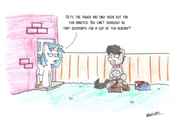 Size: 1024x713 | Tagged: safe, artist:bobthedalek, dj pon-3, octavia melody, vinyl scratch, earth pony, pony, unicorn, angry, campfire, duo, female, fence, kettle, log, messy mane