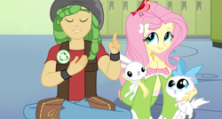 Size: 870x466 | Tagged: safe, artist:themexicanpunisher, angel bunny, fluttershy, sandalwood, bird, cat, rabbit, equestria girls, adorable face, boots, bow, clothes, cute, eyes closed, female, hallway, hat, high heel boots, kitten, lockers, male, mitsy, pants, sandalshy, shipping, shoes, socks, straight