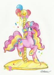 Size: 1260x1740 | Tagged: safe, artist:urahana, pinkie pie, pony, pillow, pole, rainbow power, solo, traditional art