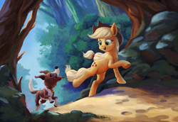 Size: 1200x824 | Tagged: safe, artist:maggwai, applejack, winona, earth pony, pony, looking at each other, open mouth, running, scenery, tongue out, tree, underhoof