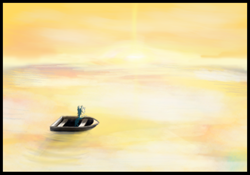 Size: 1024x717 | Tagged: safe, artist:aaronmk, lyra heartstrings, pony, unicorn, boat, ocean, solo, sunset