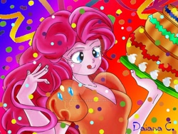 Size: 800x600 | Tagged: safe, artist:8lunabianca8, pinkie pie, equestria girls, cake, confetti, food, solo, streamers, tongue out