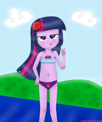 Size: 1776x2128 | Tagged: safe, artist:ytpinkiepie2, derpibooru import, twilight sparkle, equestria girls, beach, bikini, clothes, flower, peace sign, solo, swimsuit, tongue out