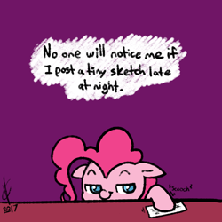 Size: 800x800 | Tagged: safe, artist:valcron, pinkie pie, earth pony, pony, simple background, sketch, solo, table