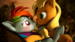 Size: 3840x2160 | Tagged: safe, artist:psfmer, derpibooru import, applejack, rainbow dash, earth pony, pegasus, pony, 3d, appledash, blushing, female, legs in air, lesbian, looking at each other, mare, on back, rock, shipping, sky, source filmmaker, sunset, tree
